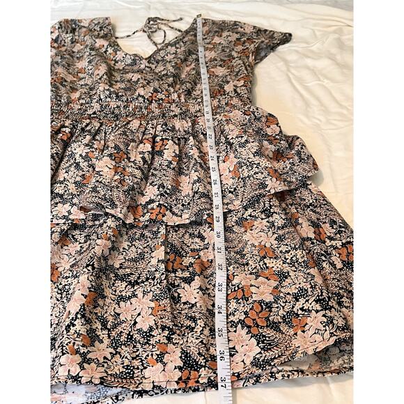 American Eagle Cotton Linen Blend Lined Dress XL Wrap V Neck Floral Tiered Skirt - Picture 10 of 13